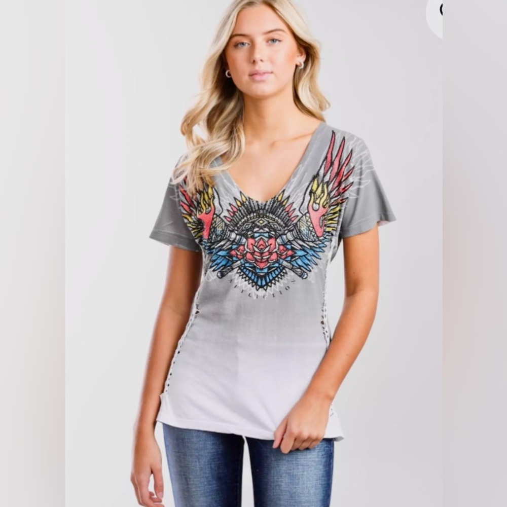 Buckle Affliction Tribal Fire Print Boho Grunge T-Shirt Cut Out Side Detail MED
